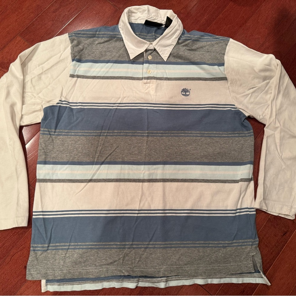 Vintage 2000 Timberland Blue/Gray Striped Long Sleeve Polo Shirt  Mens Size LG